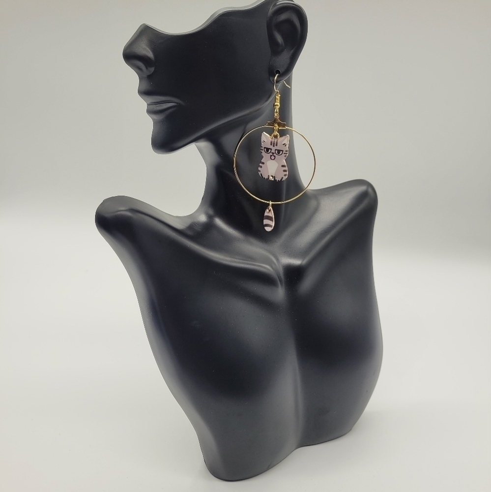 Enamel Cat Hoop Earrings with Swinging Tails​​​ - Picture 2 of 4